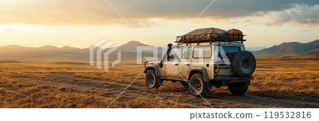 In a dramatic desert landscape, an off-road vehicle with roof luggage kicks up dust trails as it navigates under the scorching sun and a sky adorned with rolling clouds, banner 119532816