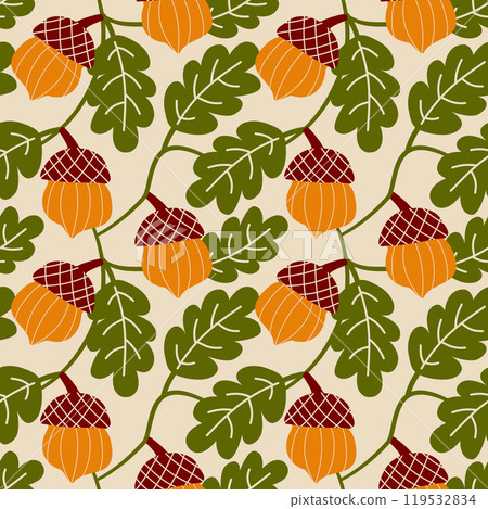 Seamless pattern with acorn, oak branch and leaf. Autumn acorns pattern. Seamless pattern with acorn, oak branch and leaf. Autumn acorns pattern. 119532834