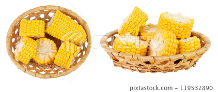 ear of corn in a wicker basket isolated on a white background. Top view. Flat lay ear of corn in a wicker basket isolated on a white background. Top view. Flat lay 119532890