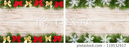 Christmas frame made of fir branches decorated with bows on a light wooden background 119532917