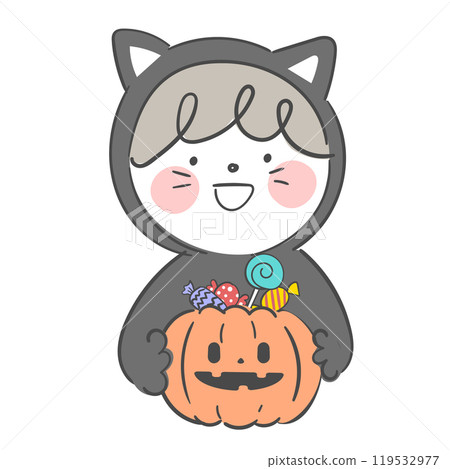 An illustration of a child dressed in a black cat costume for Halloween. 119532977