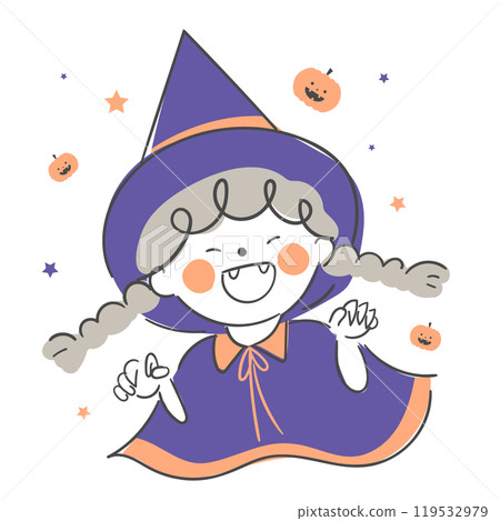 An illustration of a child dressed in a witch costume for Halloween. 119532979