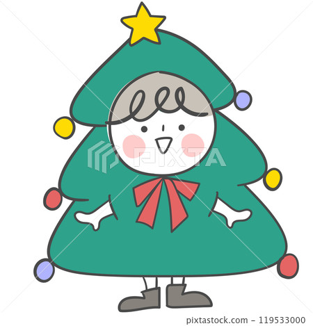 An illustration of a child dressed in a tree costume for Christmas. 119533000