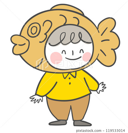 An illustration of a child dressed in a fish-shaped bun costume for Winter. 119533014