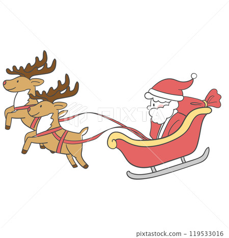 An illustration of Santa riding a Christmas reindeer sled. 119533016