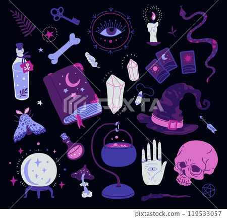 Vector set with magical elements of Wicca on a dark isolated background. 119533057
