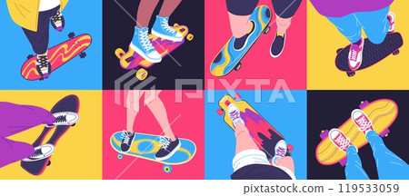 Teenager ride on skateboard above view vector illustrations set, feet in sneakers on longboard bright street design 119533059