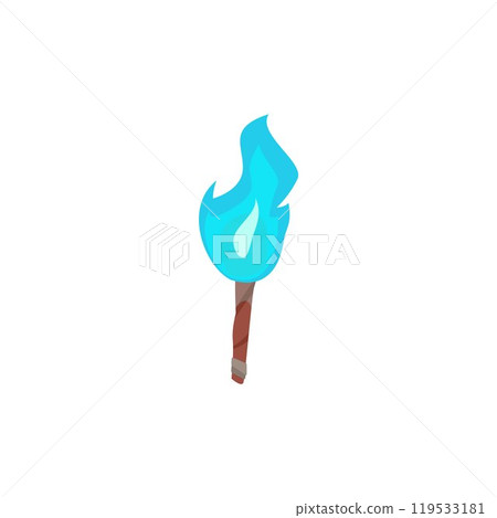 Cartoon torch with burning blue fire flame vector flat icon, portable illuminate on wooden stick, medieval torchlight Cartoon torch with burning blue fire flame vector flat icon, portable illuminate on wooden stick, medieval torchlight 119533181