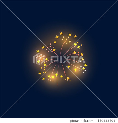 Vector illustration of fireworks with glowing particles and stars on black isolated background. 119533194