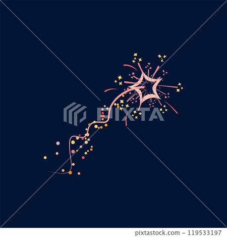 Vector flat illustration of firework with flying trail, stars and colorful particles. 119533197