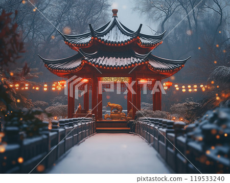 Tranquil Chinese garden under snow, glowing lanterns illuminate a winter night. AI Generative Tranquil Chinese garden under snow, glowing lanterns illuminate a winter night. AI Generative 119533240