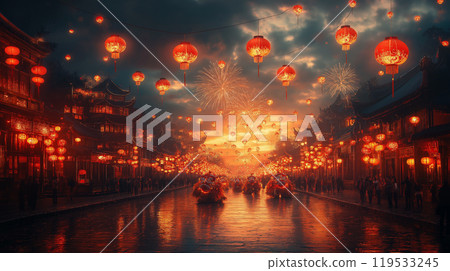 Vibrant dragon parade with glowing lanterns and fireworks illuminating the streets. AI Generative Vibrant dragon parade with glowing lanterns and fireworks illuminating the streets. AI Generative 119533245