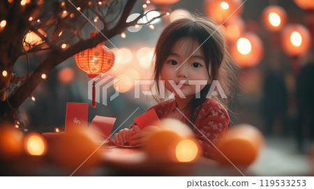 A child celebrating Lunar New Year with red envelopes and glowing lanterns. AI Generative A child celebrating Lunar New Year with red envelopes and glowing lanterns. AI Generative 119533253