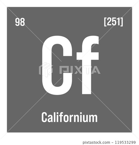 Californium, Cf, periodic table element with name, symbol, atomic number and weight. Synthetic radioactive element with potential uses in scientific research and nuclear power. Californium, Cf, periodic table element with name, symbol, atomic number and weight. Synthetic radioactive element with potential uses in scientific research and nuclear power. 119533299