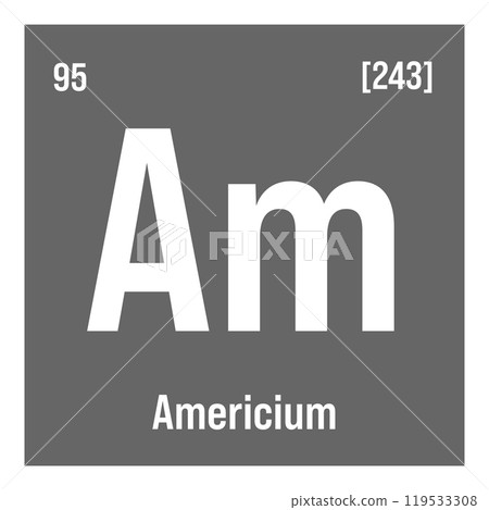 Americium, Am, periodic table element with name, symbol, atomic number and weight. Synthetic radioactive element used in smoke detectors, as a neutron source for scientific research, and potential 119533308