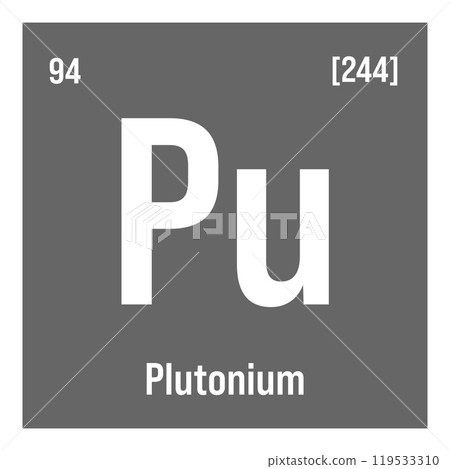 Plutonium, Pu, periodic table element with name, symbol, atomic number and weight. Synthetic radioactive element with potential uses in scientific research and nuclear power. 119533310