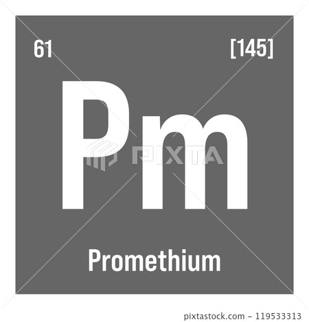 Promethium, Pm, periodic table element with name, symbol, atomic number and weight. Synthetic radioactive element with potential uses in scientific research and nuclear power. Promethium, Pm, periodic table element with name, symbol, atomic number and weight. Synthetic radioactive element with potential uses in scientific research and nuclear power. 119533313