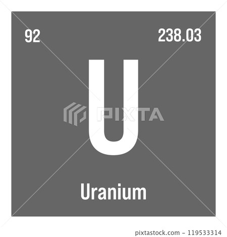 Uranium, U, periodic table element with name, symbol, atomic number and weight. Actinide with potential uses in nuclear power and scientific research. Uranium, U, periodic table element with name, symbol, atomic number and weight. Actinide with potential uses in nuclear power and scientific research. 119533314