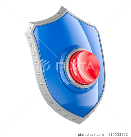 Blue Shield with push red button. 3D rendering 119533322