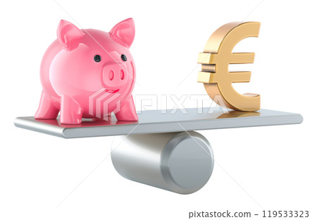 Piggy bank and euro symbol on balance scale. 3D rendering Piggy bank and euro symbol on balance scale. 3D rendering 119533323