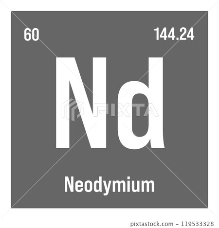 Neodymium, Nd, periodic table element with name, symbol, atomic number and weight. Rare earth metal with various industrial uses, such as in magnets, lasers, and as a component in certain types of 119533328