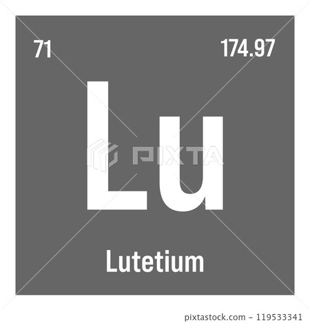 Lutetium, Lu, periodic table element with name, symbol, atomic number and weight. Rare earth metal with various industrial uses, such as in medical imaging, nuclear power, and as a catalyst in certain Lutetium, Lu, periodic table element with name, symbol, atomic number and weight. Rare earth metal with various industrial uses, such as in medical imaging, nuclear power, and as a catalyst in certain 119533341