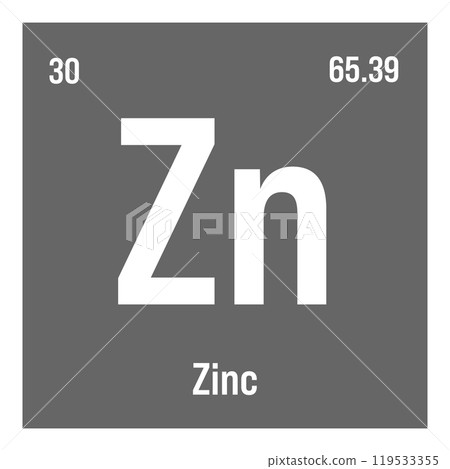 Zinc, Zn, periodic table element with name, symbol, atomic number and weight. Post-transition metal with various industrial uses, such as in certain types of alloys, and as a component in certain Zinc, Zn, periodic table element with name, symbol, atomic number and weight. Post-transition metal with various industrial uses, such as in certain types of alloys, and as a component in certain 119533355