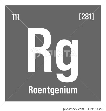 Roentgenium, Rg, periodic table element with name, symbol, atomic number and weight. Synthetic element with no known commercial or industrial uses, but has been used in scientific research. Roentgenium, Rg, periodic table element with name, symbol, atomic number and weight. Synthetic element with no known commercial or industrial uses, but has been used in scientific research. 119533356