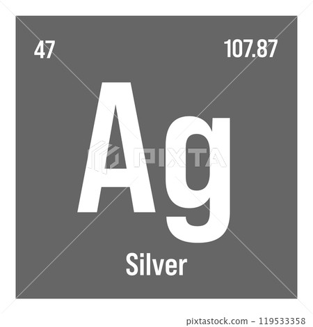 Silver, Ag, periodic table element with name, symbol, atomic number and weight. Transition metal with various industrial uses, such as in jewelry, coins, and as a component in certain types of medical 119533358