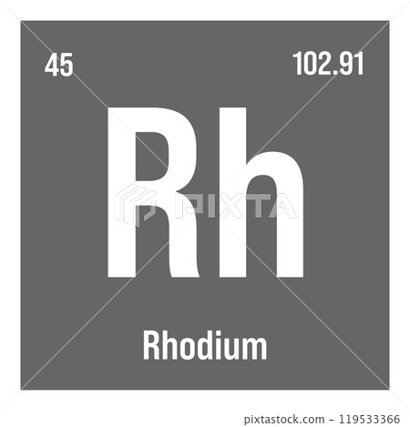 Rhodium, Rh, periodic table element with name, symbol, atomic number and weight. Transition metal with various industrial uses, such as in catalytic converters, jewelry, and as a component of certain Rhodium, Rh, periodic table element with name, symbol, atomic number and weight. Transition metal with various industrial uses, such as in catalytic converters, jewelry, and as a component of certain 119533366