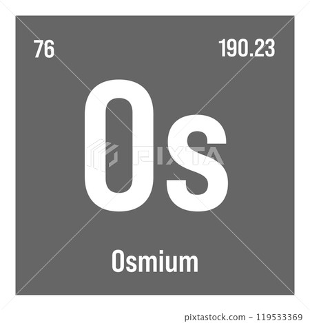 Osmium, Os, periodic table element with name, symbol, atomic number and weight. Transition metal with various industrial uses, such as in fountain pen tips, electrical contacts, and as a component of 119533369