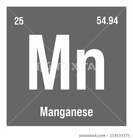 Manganese, Mn, periodic table element with name, symbol, atomic number and weight. Transition metal with various industrial uses, such as in steel production, batteries, and as a catalyst in certain 119533375