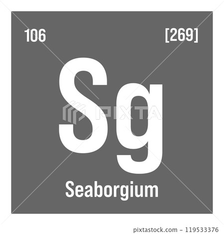 Seaborgium, Sg, periodic table element with name, symbol, atomic number and weight. Synthetic element with no known commercial or industrial uses, but has been used in scientific research. 119533376