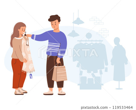 Happy shopping. Couple people buyers in store. Man and girl try on dress at sale. Nearby are clothes on hangers and female mannequin. Vector illustration. Holiday shopper character, purchase concept. Happy shopping. Couple people buyers in store. Man and girl try on dress at sale. Nearby are clothes on hangers and female mannequin. Vector illustration. Holiday shopper character, purchase concept. 119533464