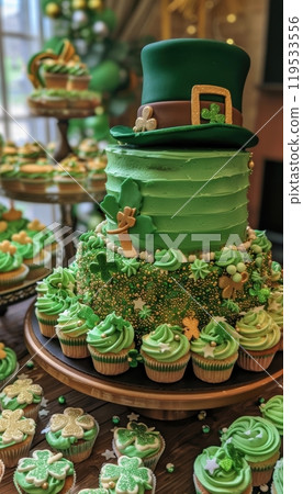 St. Patrick’s Day Dessert Table with Festive Green Cupcakes and Leprechaun Hat Cake St. Patrick’s Day Dessert Table with Festive Green Cupcakes and Leprechaun Hat Cake 119533556