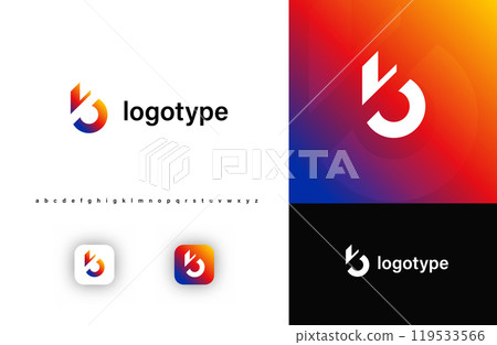 Sporty futuristic angular logo. Sharp geometric dynamic edges letter b. Minimalist innovative emblem for tech, game app, music, sport, design agency, digital space identity. Vector illustration 119533566