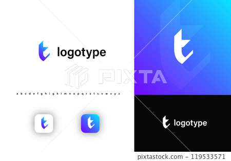 Sporty futuristic angular logo. Sharp geometric dynamic edges letter t. Minimalist innovative emblem for tech, game app, music, sport, design agency, digital space identity. Vector illustration 119533571