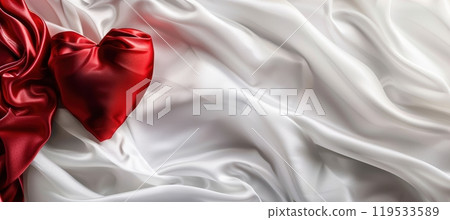 Elegant Valentine's Day Banner with Red Satin Heart on Luxurious White Silk Background Elegant Valentine's Day Banner with Red Satin Heart on Luxurious White Silk Background 119533589