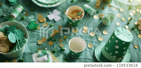 Festive St. Patrick's Day Party Supplies Flat Lay Design for Holiday Celebrations Festive St. Patrick's Day Party Supplies Flat Lay Design for Holiday Celebrations 119533618