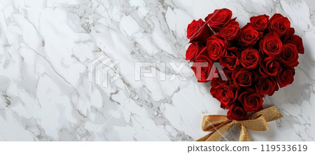 Elegant Valentine's Day Banner with Heart Shaped Red Rose Bouquet on Marble Background 119533619