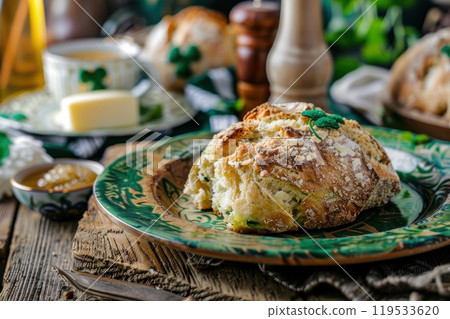 Traditional Irish Soda Bread for St. Patrick's Day on Rustic Table Setting Traditional Irish Soda Bread for St. Patrick's Day on Rustic Table Setting 119533620