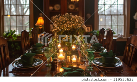 St. Patrick's Day Dinner Table with Irish-Themed Decorations and Candlelight Ambiance 119533622