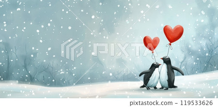 Cute Penguins with Heart Balloons in Winter Wonderland for Valentine's Day Card Design 119533626