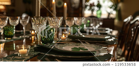 Elegant St. Patrick's Day Dining Table with Crystal and Shamrock Decor for Festive Gatherings Elegant St. Patrick's Day Dining Table with Crystal and Shamrock Decor for Festive Gatherings 119533658