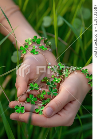 St. Patrick's Day Jewelry in Lush Green Grass - Perfect for Festive Celebrations and Gift Ideas 119533687