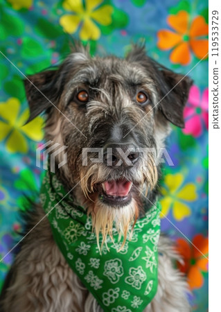 Irish Wolfhound in Festive Green Bandana Celebrating St. Patrick's Day Irish Wolfhound in Festive Green Bandana Celebrating St. Patrick's Day 119533729