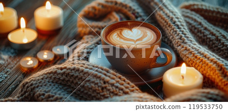 Valentine's Day Cozy Setup: Heart Latte Art, Candles, and Warm Blanket for Romantic Ambiance 119533750