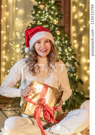 Woman Christmas Gift Happy - A woman in a Santa hat smiles while holding a gift in front of a Christmas tree. 119533799
