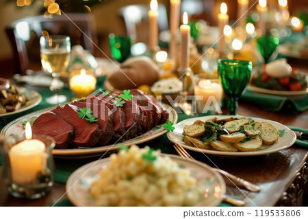 St. Patrick's Day Dinner: Traditional Irish Feast with Corned Beef and Festive Decorations 119533806