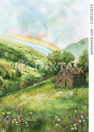 Rustic St. Patrick's Day Card with Irish Cottage and Watercolor Hills for Holiday Greetings 119533833